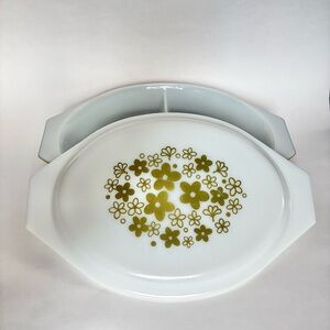 Vintage PYREX Divided Green White Crazy Daisy 1 Qt Oval Casserole Dish with Lid
